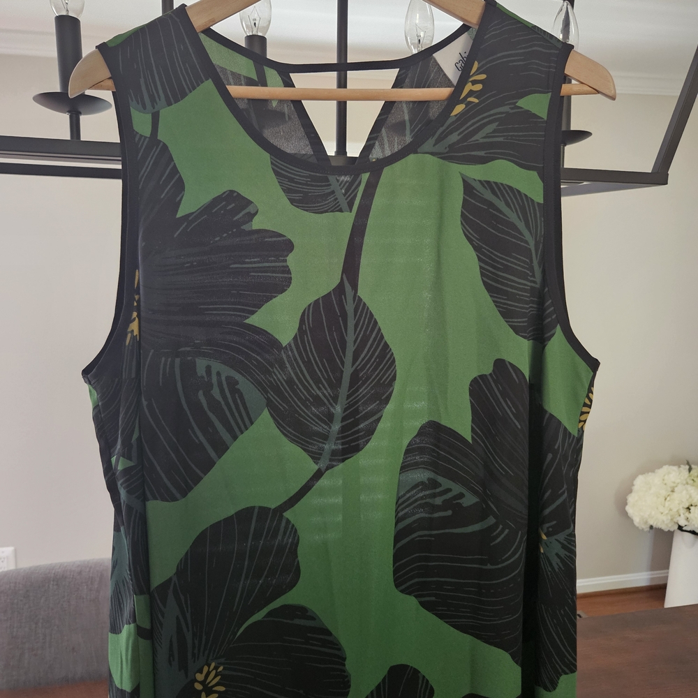 CAbi Black, Green And Navy Leaf Pattern Tank Top